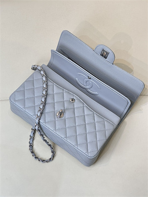 Chanel Medium Classic Flap Bag Grained Calfskin Silver Tone Metal Dusty Blue 01112 TOP