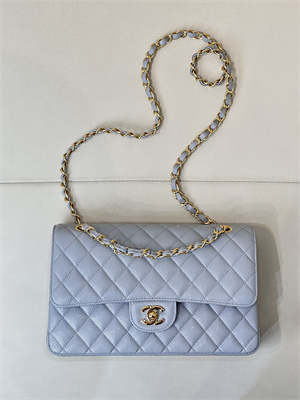 Chanel Medium Classic Flap Bag Grained Calfskin Gold Tone Metal Dusty Blue 01112 TOP