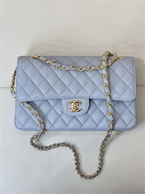 Chanel Medium Classic Flap Bag Grained Calfskin Gold Tone Metal Dusty Blue 01112 TOP