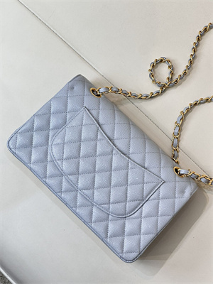 Chanel Medium Classic Flap Bag Grained Calfskin Gold Tone Metal Dusty Blue 01112 TOP