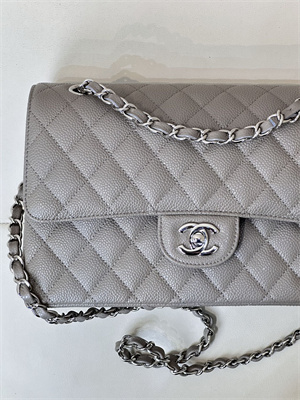 Chanel Medium Classic Flap Bag Grained Calfskin Silver Tone Metal Etoupe 01112 TOP