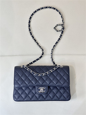 Chanel Medium Classic Flap Bag Grained Calfskin Silver Tone Metal Navy 01112 TOP