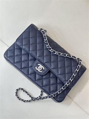 Chanel Medium Classic Flap Bag Grained Calfskin Silver Tone Metal Navy 01112 TOP