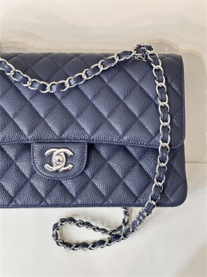 Chanel Medium Classic Flap Bag Grained Calfskin Silver Tone Metal Navy 01112 TOP
