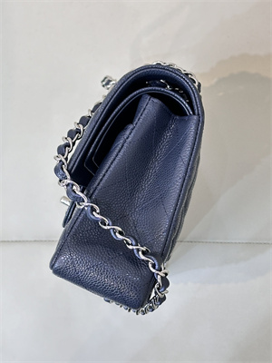 Chanel Medium Classic Flap Bag Grained Calfskin Silver Tone Metal Navy 01112 TOP