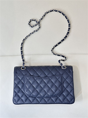 Chanel Medium Classic Flap Bag Grained Calfskin Silver Tone Metal Navy 01112 TOP