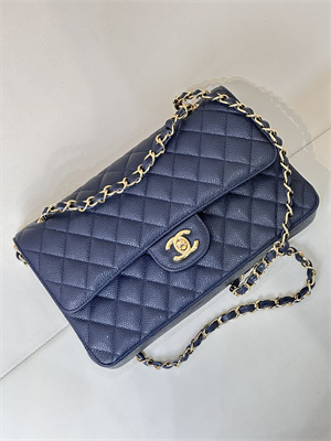 Chanel Medium Classic Flap Bag Grained Calfskin Gold Tone Metal Navy 01112 TOP