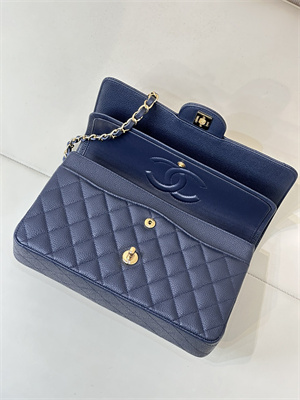 Chanel Medium Classic Flap Bag Grained Calfskin Gold Tone Metal Navy 01112 TOP