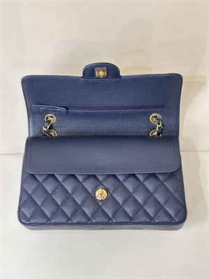 Chanel Medium Classic Flap Bag Grained Calfskin Gold Tone Metal Navy 01112 TOP