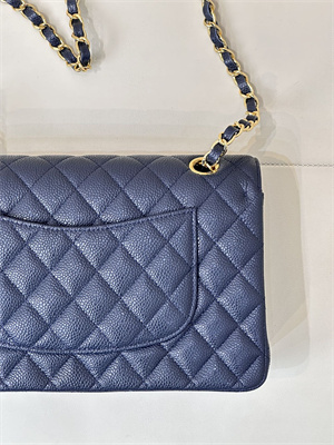 Chanel Medium Classic Flap Bag Grained Calfskin Gold Tone Metal Navy 01112 TOP