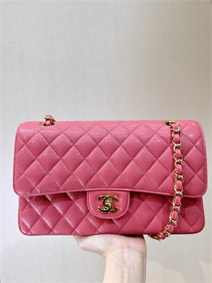 Chanel Medium Classic Flap Bag Grained Calfskin Gold Tone Metal Peach Red 01112 TOP