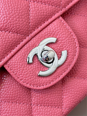 Chanel Medium Classic Flap Bag Grained Calfskin Silver Tone Metal Peach Red 01112 TOP