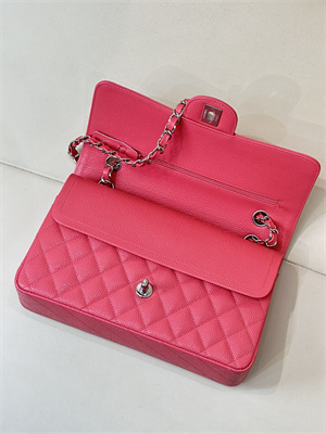 Chanel Medium Classic Flap Bag Grained Calfskin Silver Tone Metal Peach Red 01112 TOP