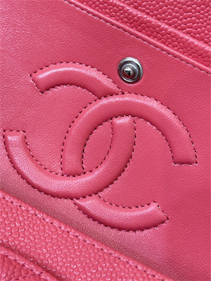 Chanel Medium Classic Flap Bag Grained Calfskin Silver Tone Metal Peach Red 01112 TOP
