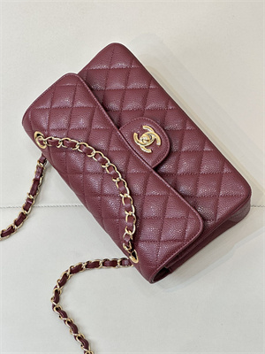 Chanel Small Classic Flap Bag Grained Calfskin Gold Tone Metal Burgundy 01117 TOP