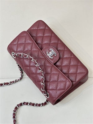 Chanel Small Classic Flap Bag Grained Calfskin Silver Tone Metal Burgundy 01117 TOP