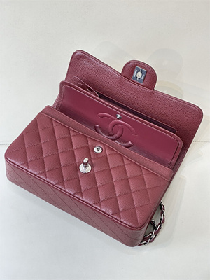 Chanel Small Classic Flap Bag Grained Calfskin Silver Tone Metal Burgundy 01117 TOP