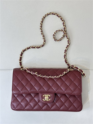 Chanel Medium Classic Flap Bag Grained Calfskin Gold Tone Metal Burgundy 01112 TOP