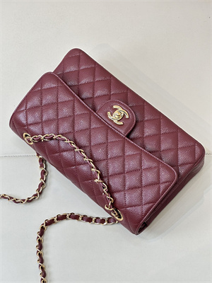 Chanel Medium Classic Flap Bag Grained Calfskin Gold Tone Metal Burgundy 01112 TOP