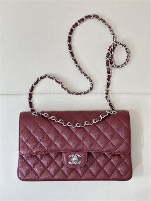 Chanel Medium Classic Flap Bag Grained Calfskin Silver Tone Metal Burgundy 01112 TOP