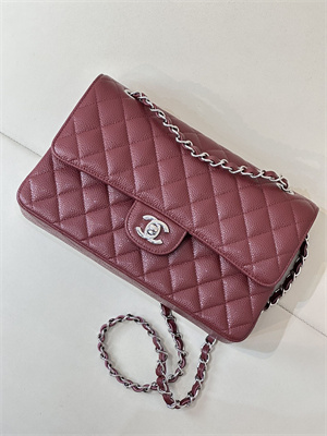 Chanel Medium Classic Flap Bag Grained Calfskin Silver Tone Metal Burgundy 01112 TOP
