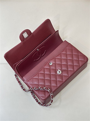 Chanel Medium Classic Flap Bag Grained Calfskin Silver Tone Metal Burgundy 01112 TOP