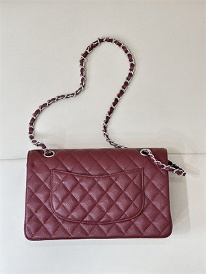 Chanel Medium Classic Flap Bag Grained Calfskin Silver Tone Metal Burgundy 01112 TOP