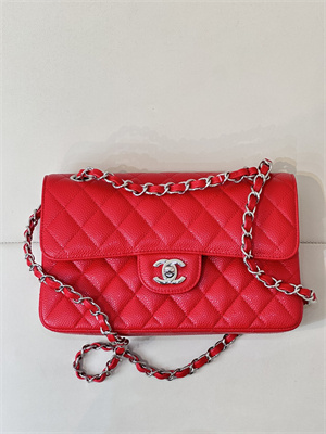 Chanel Small Classic Flap Bag Grained Calfskin Silver Tone Metal Red 01117 TOP
