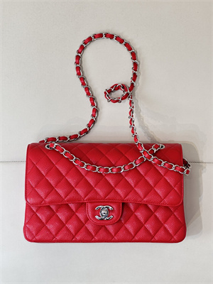 Chanel Medium Classic Flap Bag Grained Calfskin Silver Tone Metal Chinese Red 01112 TOP