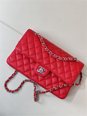 Chanel Medium Classic Flap Bag Grained Calfskin Silver Tone Metal Chinese Red 01112 TOP