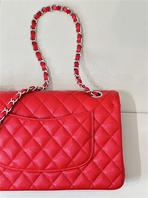Chanel Medium Classic Flap Bag Grained Calfskin Silver Tone Metal Chinese Red 01112 TOP