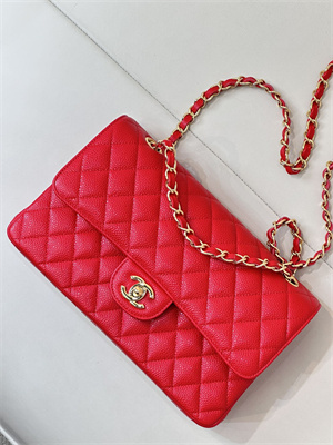 Chanel Medium Classic Flap Bag Grained Calfskin Gold Tone Metal Chinese Red 01112 TOP