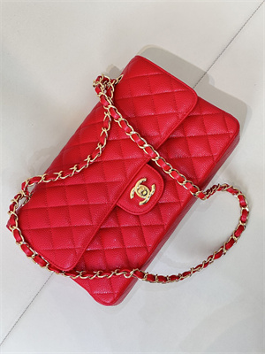 Chanel Medium Classic Flap Bag Grained Calfskin Gold Tone Metal Chinese Red 01112 TOP
