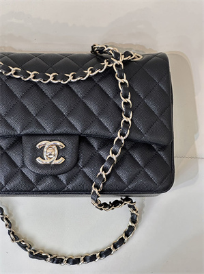 Chanel Medium Classic Flap Bag Grained Calfskin Gold Tone Metal Black 01112 TOP