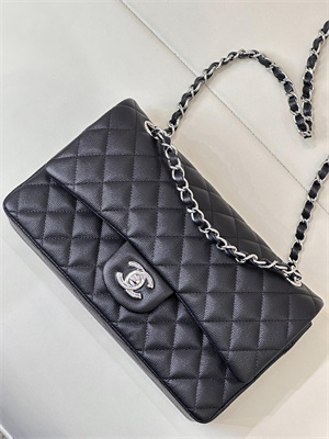 Chanel Medium Classic Flap Bag Grained Calfskin Silver Tone Metal Black 01112 TOP