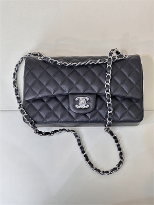 Chanel Medium Classic Flap Bag Grained Calfskin Silver Tone Metal Black 01112 TOP