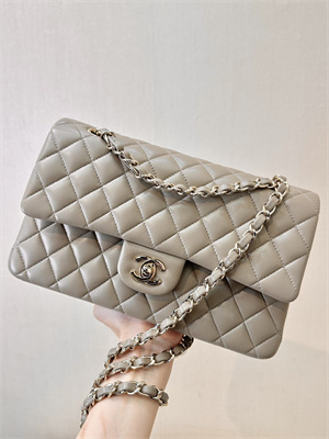 Chanel Medium Classic Flap Bag Lambskin Gold Tone Metal Cream Grey 01112 TOP