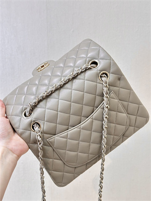 Chanel Medium Classic Flap Bag Lambskin Gold Tone Metal Cream Grey 01112 TOP