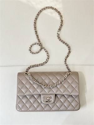 Chanel Medium Classic Flap Bag Lambskin Gold Tone Metal Cream Grey 01112 TOP
