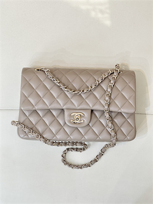 Chanel Medium Classic Flap Bag Lambskin Gold Tone Metal Cream Grey 01112 TOP