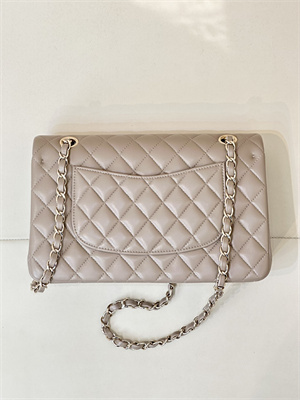 Chanel Medium Classic Flap Bag Lambskin Gold Tone Metal Cream Grey 01112 TOP