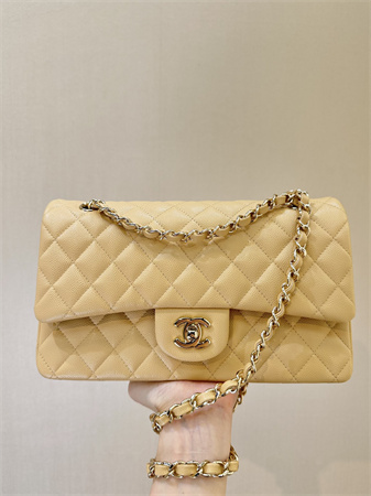 Chanel Medium Classic Flap Bag Grained Calfskin Gold Tone Metal Beige 01112 TOP