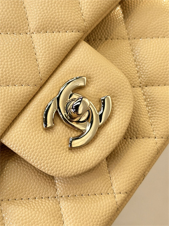 Chanel Medium Classic Flap Bag Grained Calfskin Gold Tone Metal Beige 01112 TOP