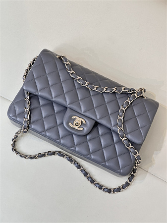 Chanel Medium Classic Flap Bag Lambskin Gold Tone Metal Dk Grey 01112 TOP