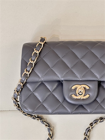 Chanel Mini Classic Flap Bag Lambskin Gold Tone Metal Dk Grey Color 01116 TOP
