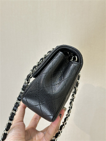 Chanel Mini Classic Flap Bag Grained Calfskin Silver Tone Metal Black Color 01116 TOP