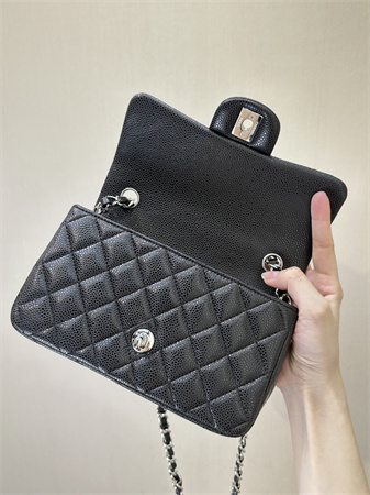 Chanel Mini Classic Flap Bag Grained Calfskin Silver Tone Metal Black Color 01116 TOP