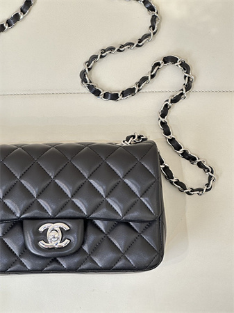 Chanel Mini Classic Flap Bag Lambskin Silver Tone Metal Black Color 01116 TOP