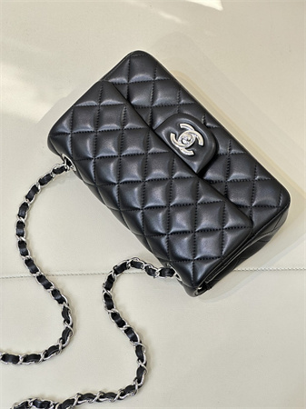 Chanel Mini Classic Flap Bag Lambskin Silver Tone Metal Black Color 01116 TOP