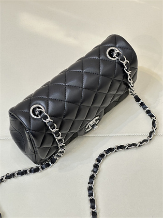 Chanel Mini Classic Flap Bag Lambskin Silver Tone Metal Black Color 01116 TOP